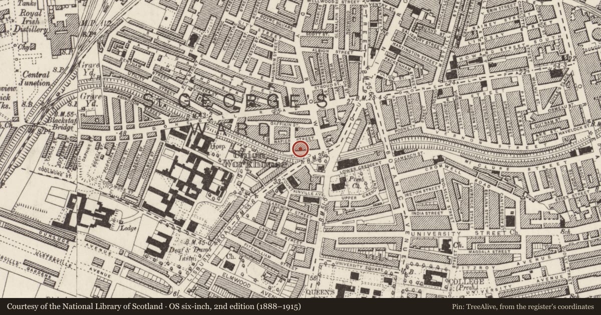 Ordnance Survey six-inch map, 2nd edition (1888–1915) covering the location of 23 Malone Place, Malone Lower, Belfast, with a pin at the register's coordinates