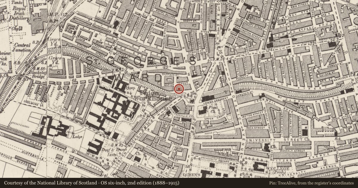 Ordnance Survey six-inch map, 2nd edition (1888–1915) covering the location of 25 Malone Place, Malone Lower, Belfast, with a pin at the register's coordinates