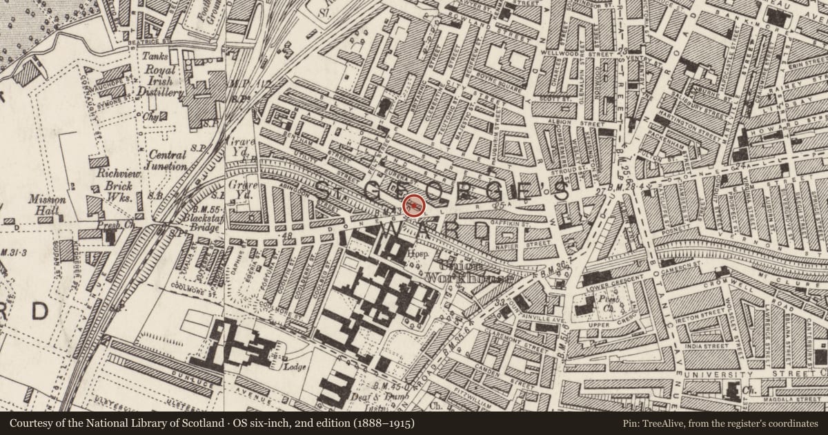 Ordnance Survey six-inch map, 2nd edition (1888–1915) covering the location of Carnegie Building, Malone Lower, Belfast, with a pin at the register's coordinates