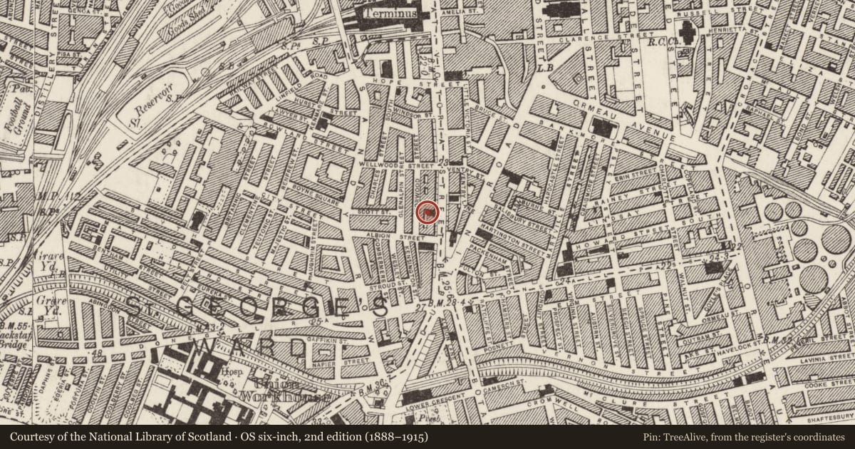 Ordnance Survey six-inch map, 2nd edition (1888–1915) covering the location of Apostolic Church, Belfast, with a pin at the register's coordinates