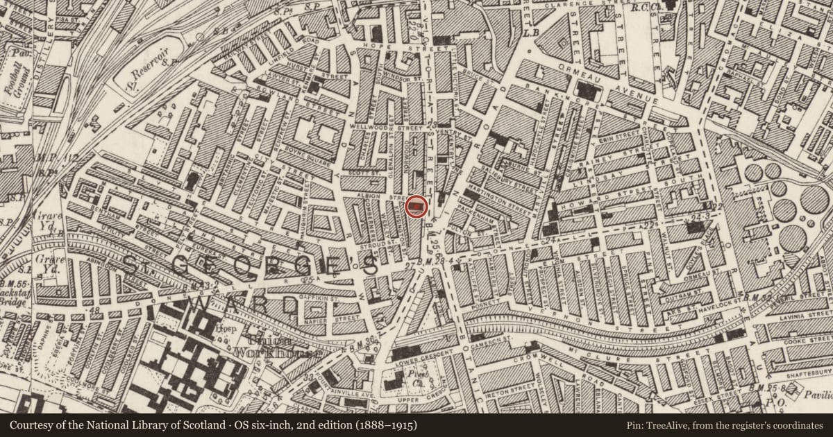 Ordnance Survey six-inch map, 2nd edition (1888–1915) covering the location of Presbyterian Church, Malone Lower, Belfast, with a pin at the register's coordinates