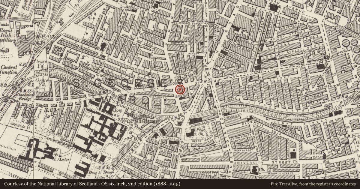 Ordnance Survey six-inch map, 2nd edition (1888–1915) covering the location of 34 Donegall Road, Belfast, with a pin at the register's coordinates