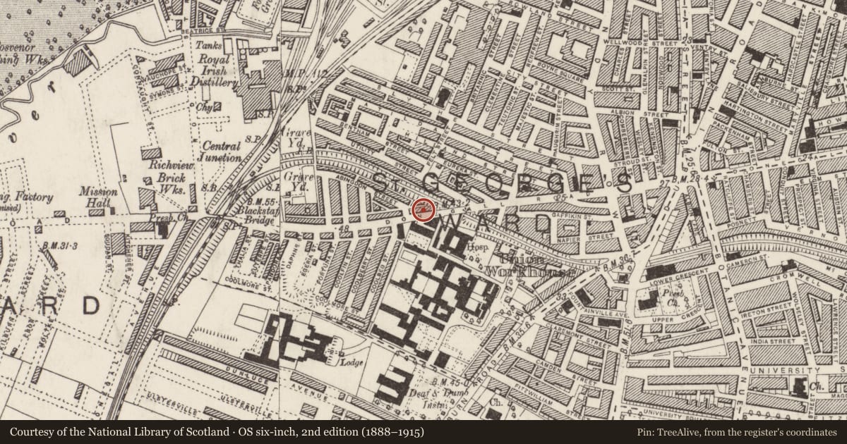 Ordnance Survey six-inch map, 2nd edition (1888–1915) covering the location of 151-169 Donegall Road, Belfast, with a pin at the register's coordinates