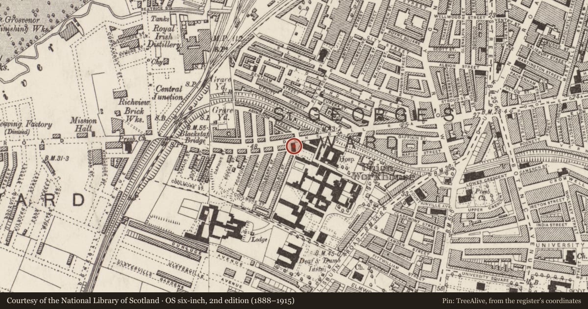 Ordnance Survey six-inch map, 2nd edition (1888–1915) covering the location of Colby Street and 150 Donegall Road, Belfast, with a pin at the register's coordinates