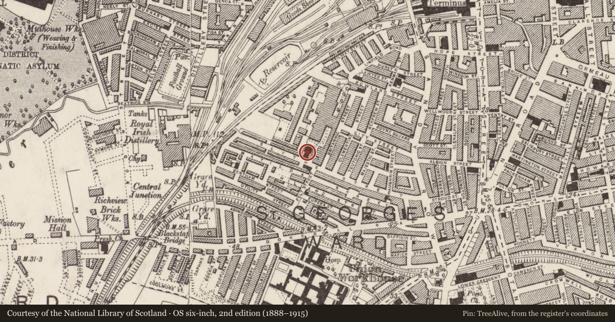 Ordnance Survey six-inch map, 2nd edition (1888–1915) covering the location of St. Aidan's Church of Ireland, Malone Lower, Belfast, with a pin at the register's coordinates