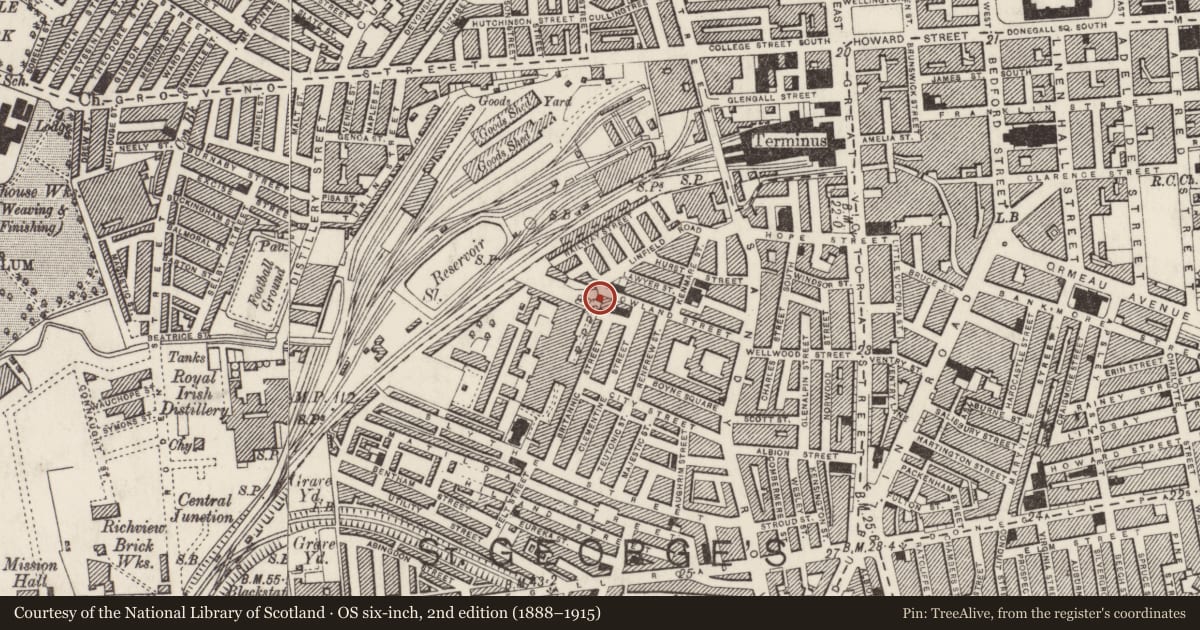 Ordnance Survey six-inch map, 2nd edition (1888–1915) covering the location of Lodge, Malone Lower, Belfast, with a pin at the register's coordinates