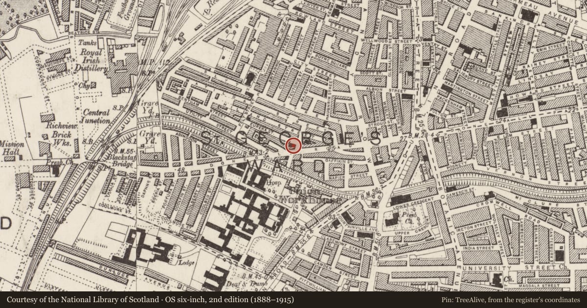 Ordnance Survey six-inch map, 2nd edition (1888–1915) covering the location of St Aidan’s Church Hall, Belfast, with a pin at the register's coordinates