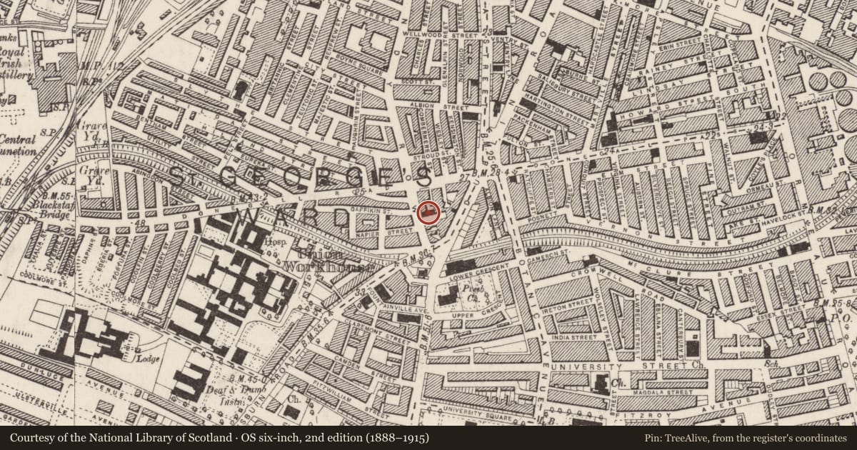 Ordnance Survey six-inch map, 2nd edition (1888–1915) covering the location of Sandy Row Orange Hall, Malone Lower, Belfast, with a pin at the register's coordinates