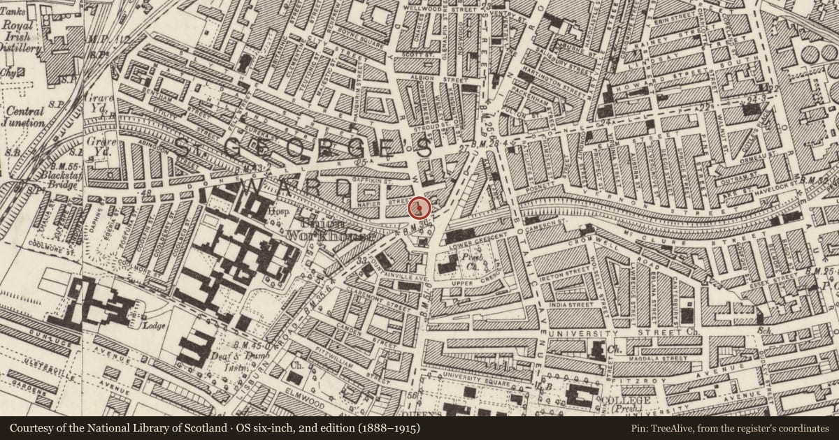 Ordnance Survey six-inch map, 2nd edition (1888–1915) covering the location of 199-205 Sandy Row, Belfast, with a pin at the register's coordinates