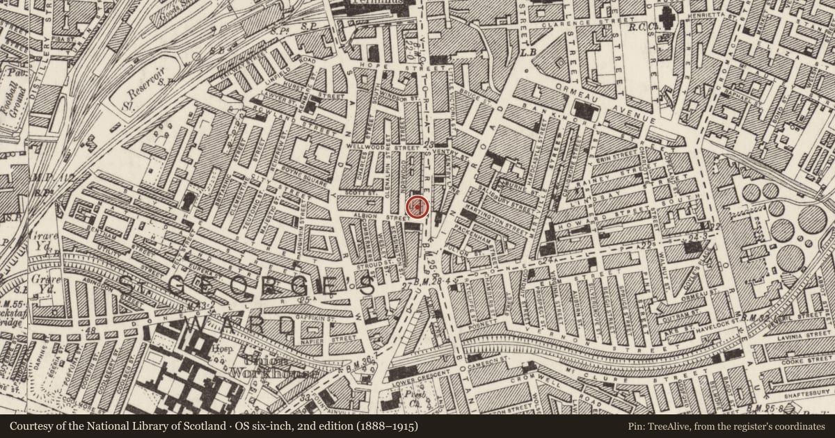 Ordnance Survey six-inch map, 2nd edition (1888–1915) covering the location of 115-127 Great Victoria Street, Belfast, with a pin at the register's coordinates