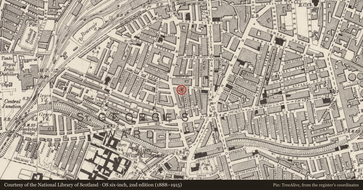 Ordnance Survey six-inch map, 2nd edition (1888–1915) covering the location of 4-6 Albion Street, Belfast, with a pin at the register's coordinates