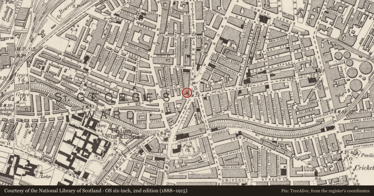 Ordnance Survey six-inch map, 2nd edition (1888–1915) covering the location of 14-15 Shaftsbury Square and 1-7 Donegall Road, Belfast, with a pin at the register's coordinates