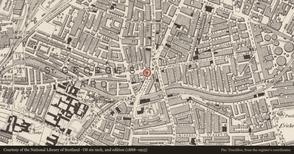 Ordnance Survey six-inch map, 2nd edition (1888–1915) covering the location of 1 Bradbury Place, Belfast, with a pin at the register's coordinates