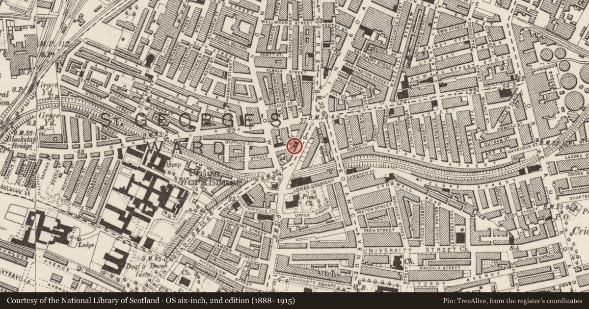 Ordnance Survey six-inch map, 2nd edition (1888–1915) covering the location of 33 Bradbury Place, Belfast, with a pin at the register's coordinates