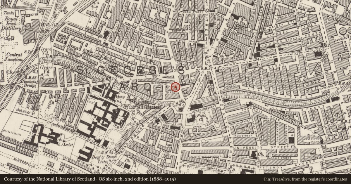 Ordnance Survey six-inch map, 2nd edition (1888–1915) covering the location of 191-195 Sandy Row, Belfast, with a pin at the register's coordinates