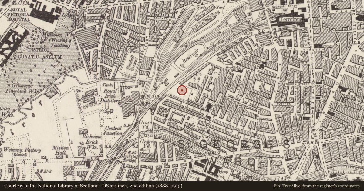 Ordnance Survey six-inch map, 2nd edition (1888–1915) covering the location of Blythefield Primary School, Malone Lower, Belfast, with a pin at the register's coordinates