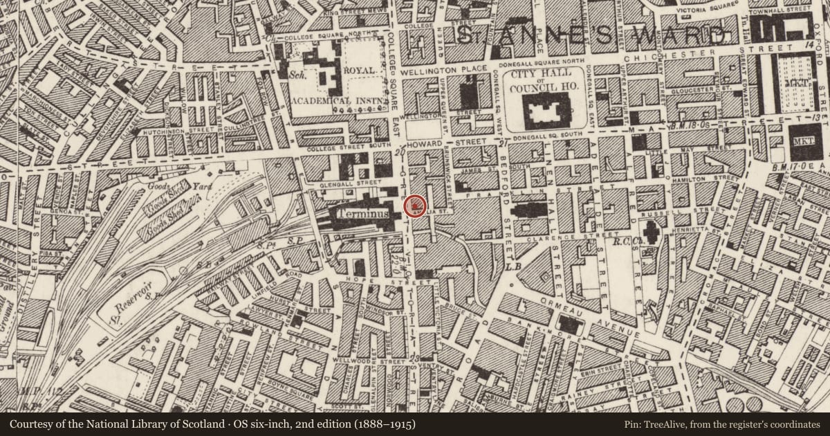 Ordnance Survey six-inch map, 2nd edition (1888–1915) covering the location of Crown Bar Liquor Saloon, Town Parks, Belfast, with a pin at the register's coordinates