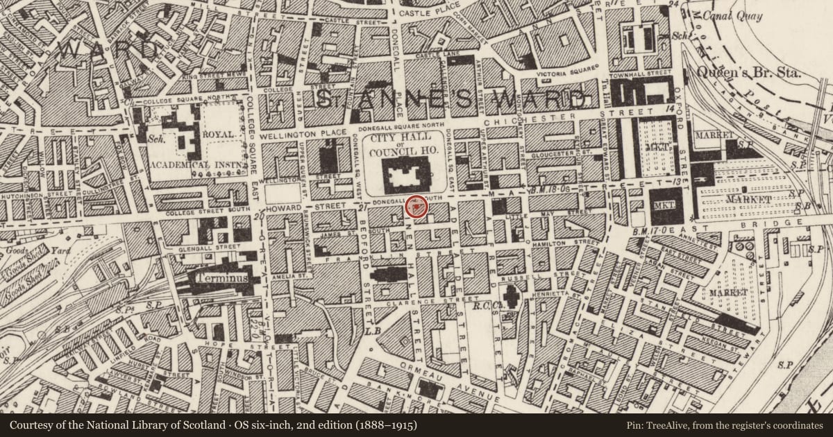 Ordnance Survey six-inch map, 2nd edition (1888–1915) covering the location of 4 Donegall Square South, Belfast, with a pin at the register's coordinates