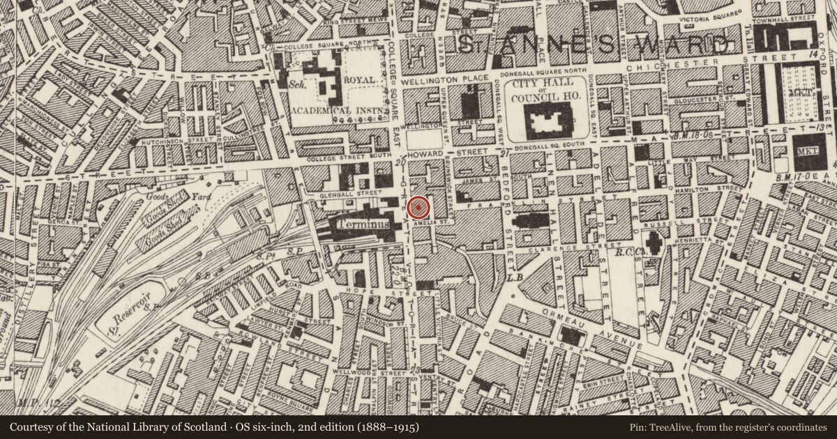 Ordnance Survey six-inch map, 2nd edition (1888–1915) covering the location of Robinson'S Bar, Belfast, with a pin at the register's coordinates