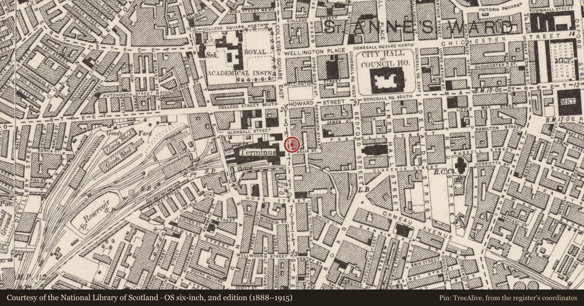 Ordnance Survey six-inch map, 2nd edition (1888–1915) covering the location of 42-44 Great Victoria St., Belfast, with a pin at the register's coordinates