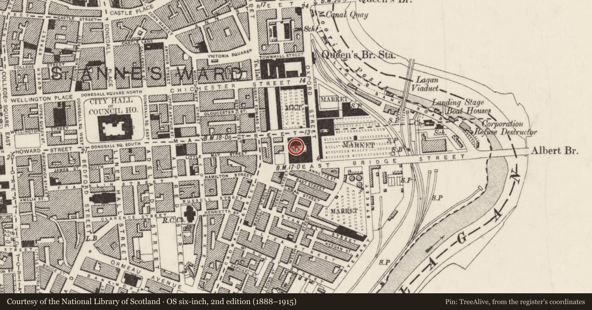 Ordnance Survey six-inch map, 2nd edition (1888–1915) covering the location of Fish Market and Aberdeen Market, Belfast, with a pin at the register's coordinates