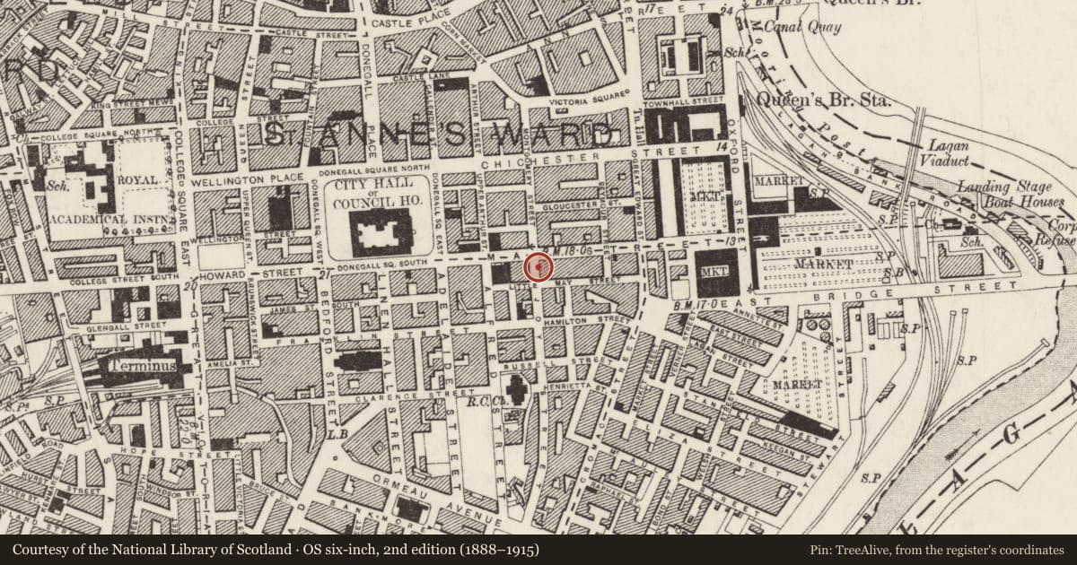 Ordnance Survey six-inch map, 2nd edition (1888–1915) covering the location of 4 Joy St., Town Parks, Belfast, with a pin at the register's coordinates
