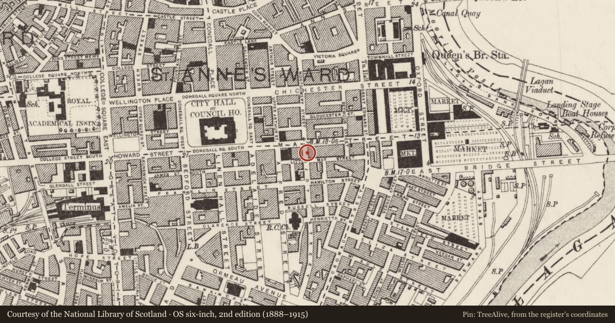 Ordnance Survey six-inch map, 2nd edition (1888–1915) covering the location of 6 Joy St., Town Parks, Belfast, with a pin at the register's coordinates