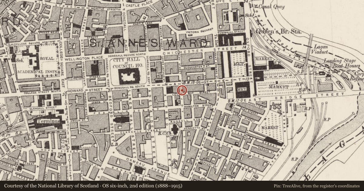 Ordnance Survey six-inch map, 2nd edition (1888–1915) covering the location of 10 Joy St., Town Parks, Belfast, with a pin at the register's coordinates