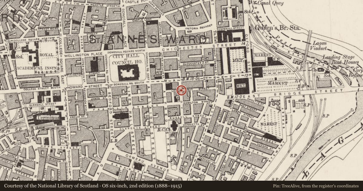 Ordnance Survey six-inch map, 2nd edition (1888–1915) covering the location of 14 Joy Street, Town Parks, Belfast, with a pin at the register's coordinates