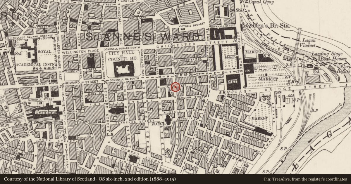 Ordnance Survey six-inch map, 2nd edition (1888–1915) covering the location of 16 Joy Street, Town Parks, Belfast, with a pin at the register's coordinates