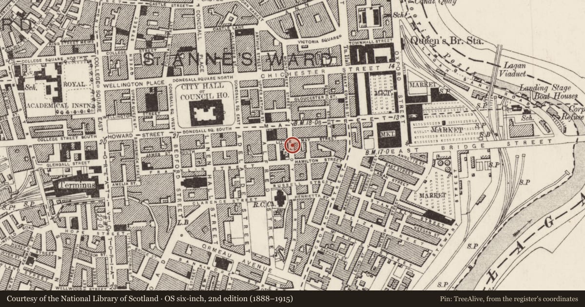 Ordnance Survey six-inch map, 2nd edition (1888–1915) covering the location of 18 Joy Street, Town Parks, Belfast, with a pin at the register's coordinates
