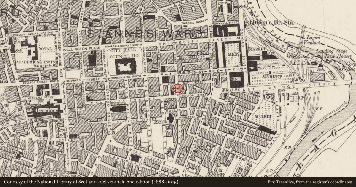 Ordnance Survey six-inch map, 2nd edition (1888–1915) covering the location of 22 Joy Street, Town Parks, Belfast, with a pin at the register's coordinates
