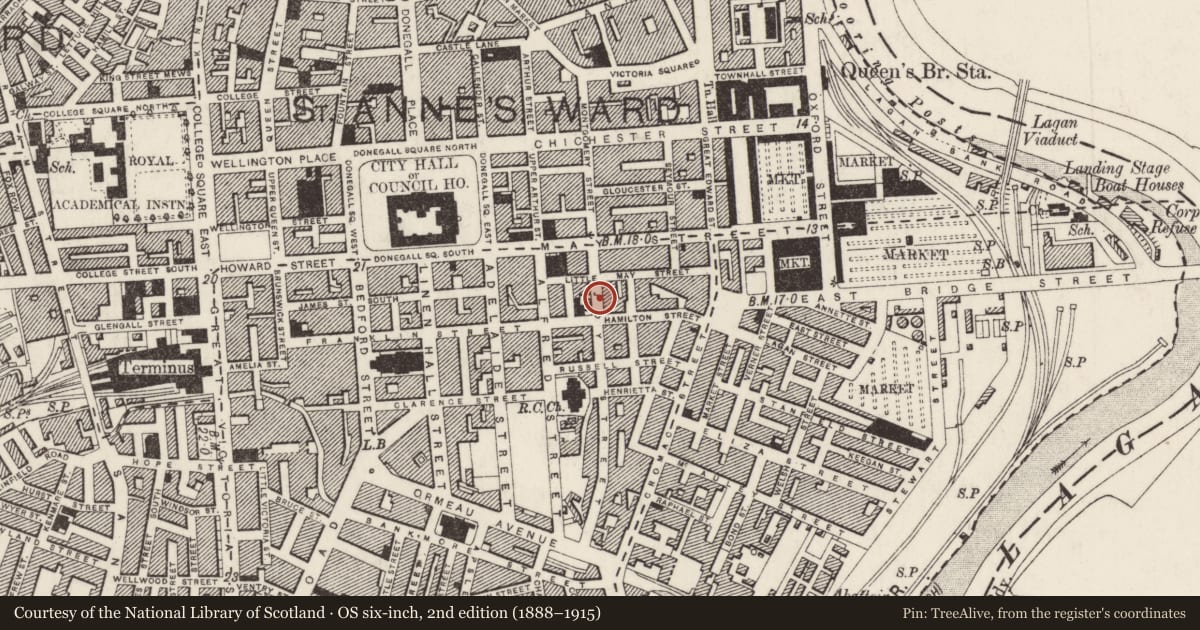 Ordnance Survey six-inch map, 2nd edition (1888–1915) covering the location of 24 Joy Street, Town Parks, Belfast, with a pin at the register's coordinates