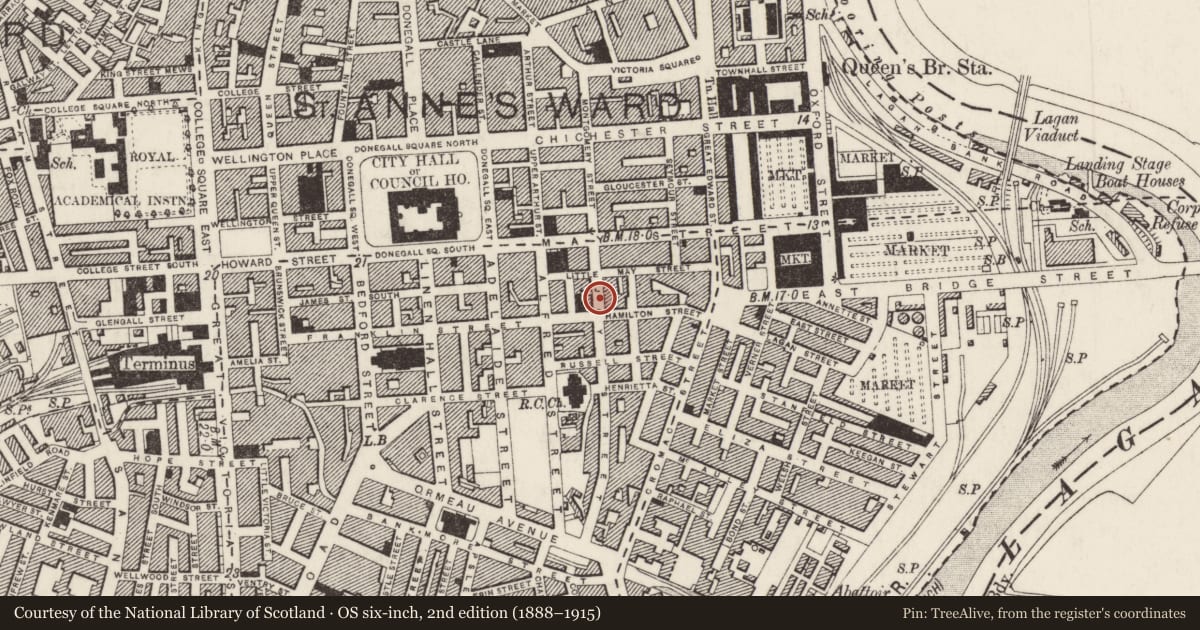 Ordnance Survey six-inch map, 2nd edition (1888–1915) covering the location of 26 Joy Street, Town Parks, Belfast, with a pin at the register's coordinates