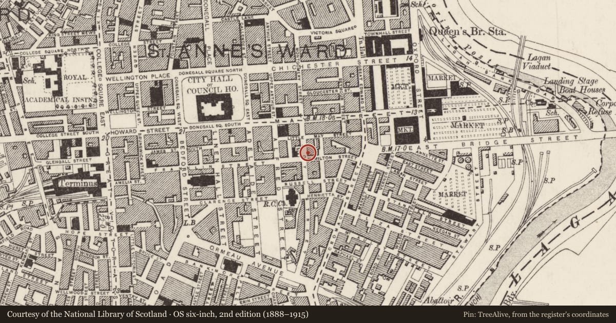 Ordnance Survey six-inch map, 2nd edition (1888–1915) covering the location of 39 Hamilton Street, Town Parks, Belfast, with a pin at the register's coordinates