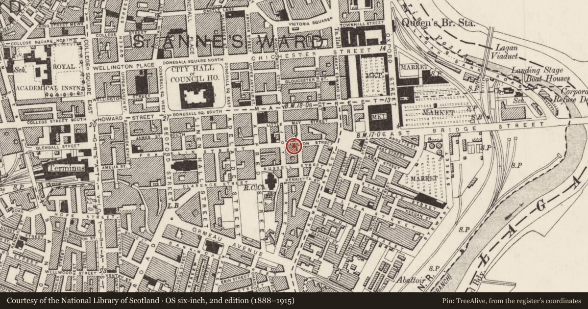 Ordnance Survey six-inch map, 2nd edition (1888–1915) covering the location of 36 Hamilton Street, Town Parks, Belfast, with a pin at the register's coordinates