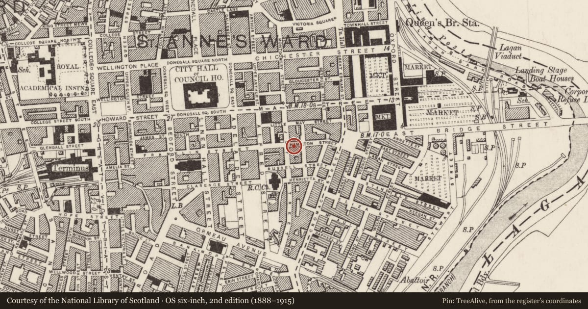 Ordnance Survey six-inch map, 2nd edition (1888–1915) covering the location of 40 Hamilton Street, Town Parks, Belfast, with a pin at the register's coordinates