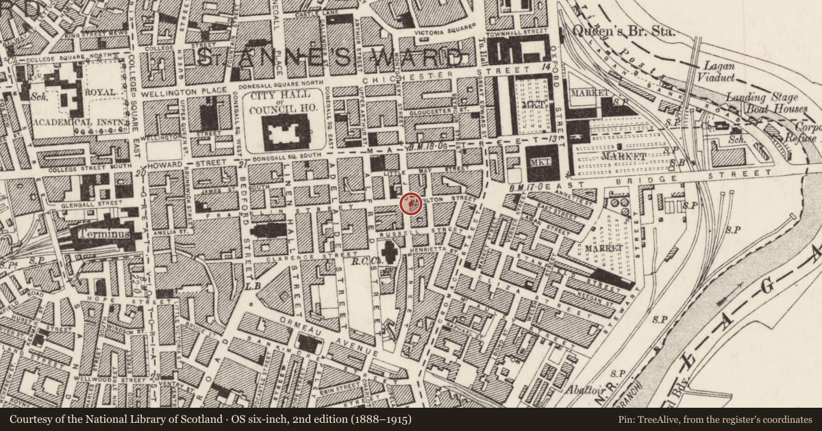 Ordnance Survey six-inch map, 2nd edition (1888–1915) covering the location of 44 Hamilton Street, Town Parks, Belfast, with a pin at the register's coordinates