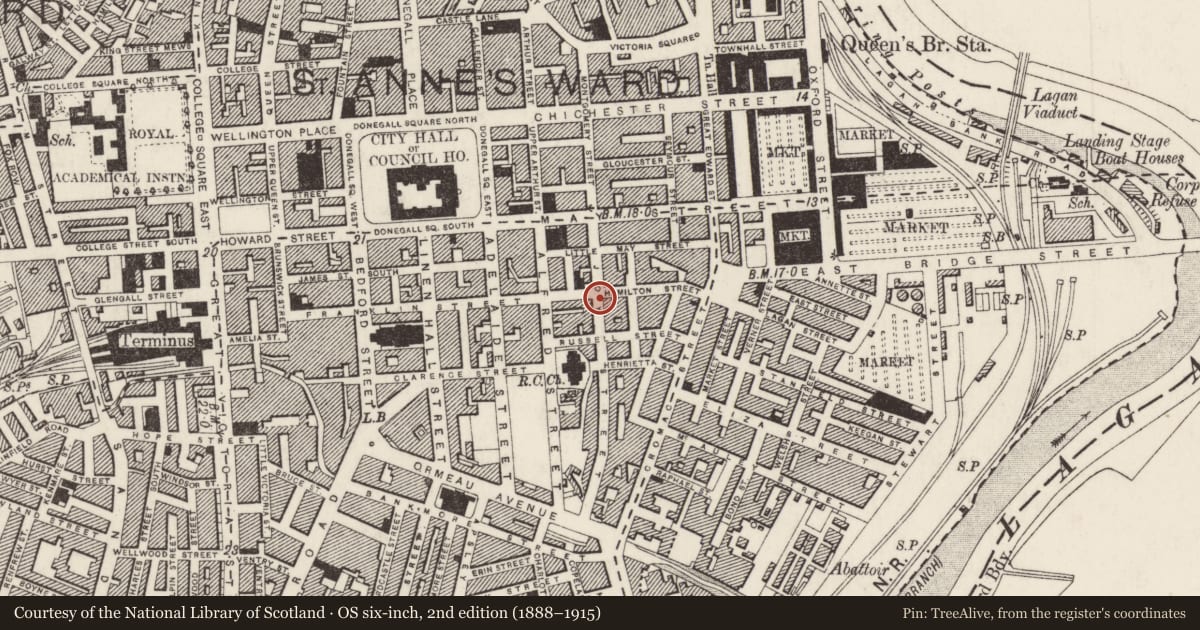 Ordnance Survey six-inch map, 2nd edition (1888–1915) covering the location of 46 Hamilton Street, Town Parks, Belfast, with a pin at the register's coordinates