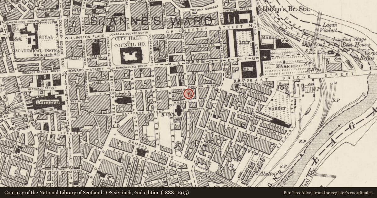 Ordnance Survey six-inch map, 2nd edition (1888–1915) covering the location of 28-32 Joy Street, Belfast, with a pin at the register's coordinates