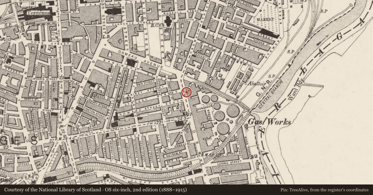 Ordnance Survey six-inch map, 2nd edition (1888–1915) covering the location of The Gas Office, Malone Lower, Belfast, with a pin at the register's coordinates