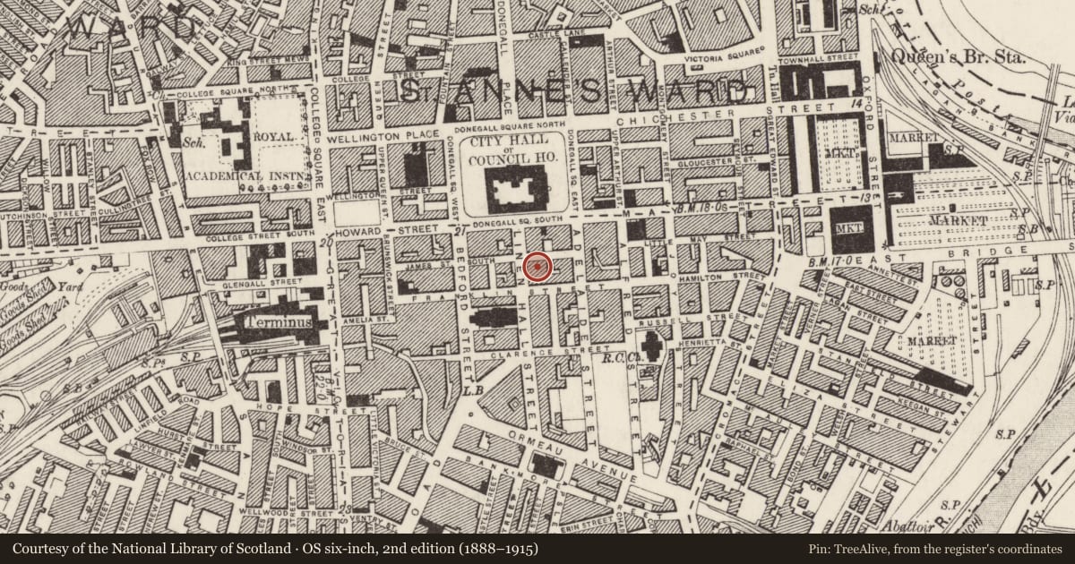 Ordnance Survey six-inch map, 2nd edition (1888–1915) covering the location of 4-6 Linenhall Street, Belfast, with a pin at the register's coordinates