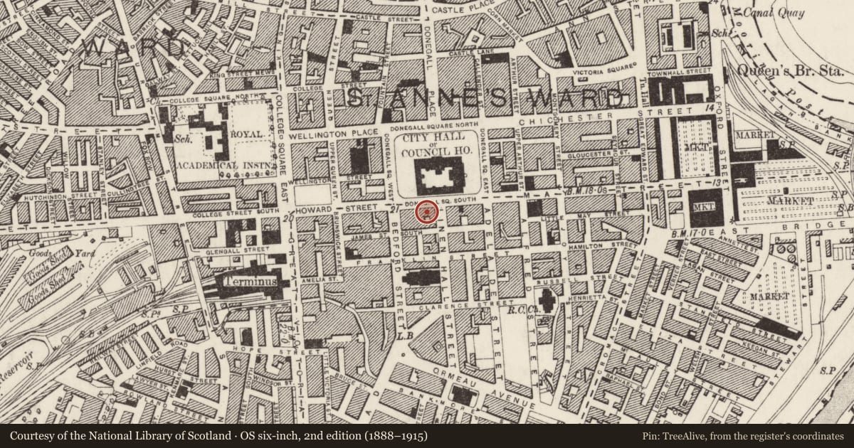 Ordnance Survey six-inch map, 2nd edition (1888–1915) covering the location of Ten Square Hotel, Town Parks, Belfast, with a pin at the register's coordinates