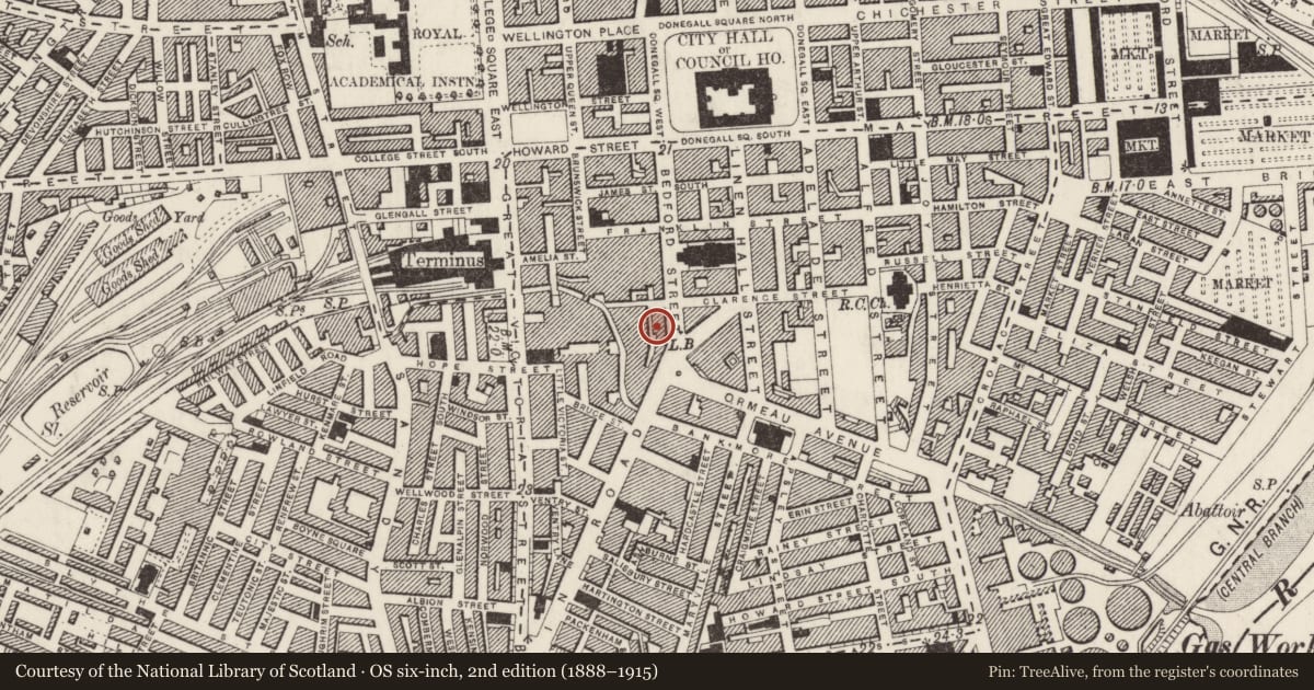 Ordnance Survey six-inch map, 2nd edition (1888–1915) covering the location of Morrison's Lounge Bar, Town Parks, Belfast, with a pin at the register's coordinates