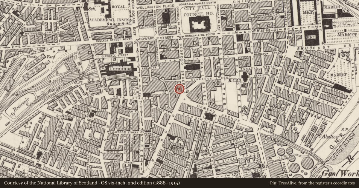 Ordnance Survey six-inch map, 2nd edition (1888–1915) covering the location of 23 Bedford Street, Town Parks, Belfast, with a pin at the register's coordinates