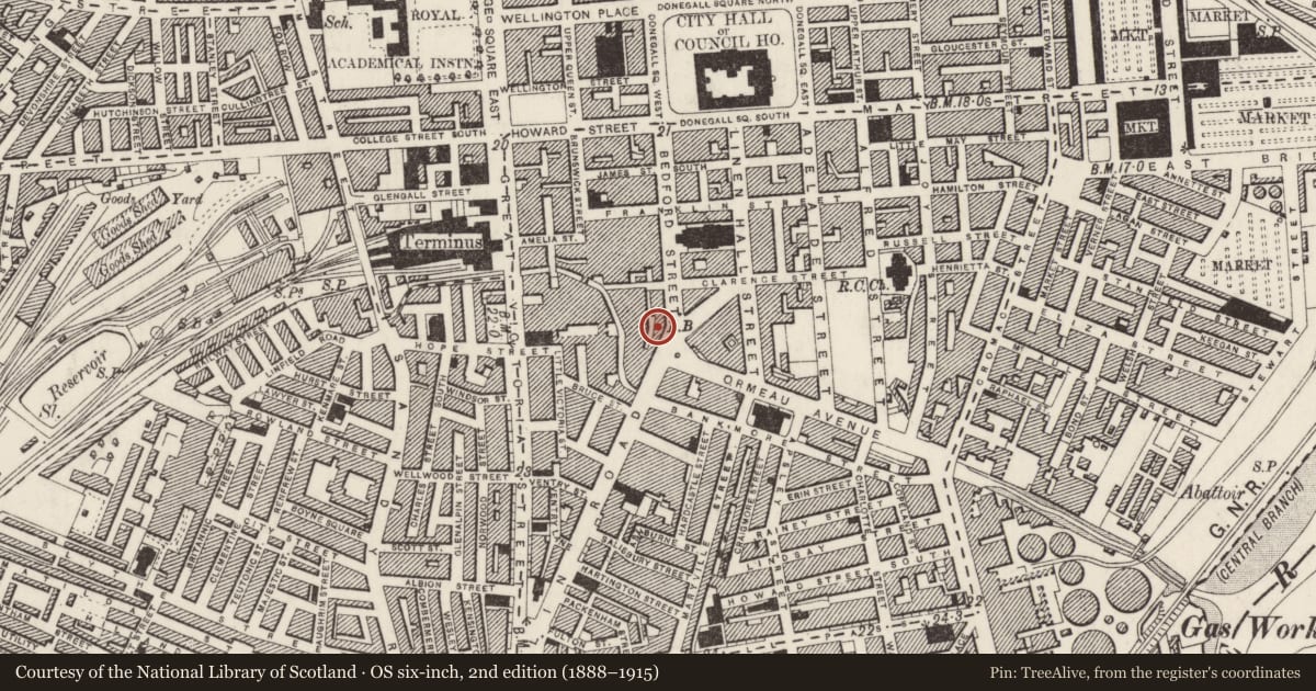 Ordnance Survey six-inch map, 2nd edition (1888–1915) covering the location of Pizza Express, Town Parks, Belfast, with a pin at the register's coordinates