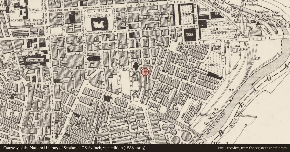 Ordnance Survey six-inch map, 2nd edition (1888–1915) covering the location of 42-52 Joy Street, Belfast, with a pin at the register's coordinates