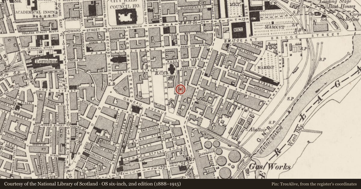 Ordnance Survey six-inch map, 2nd edition (1888–1915) covering the location of 54-88 Joy Street, Belfast, with a pin at the register's coordinates