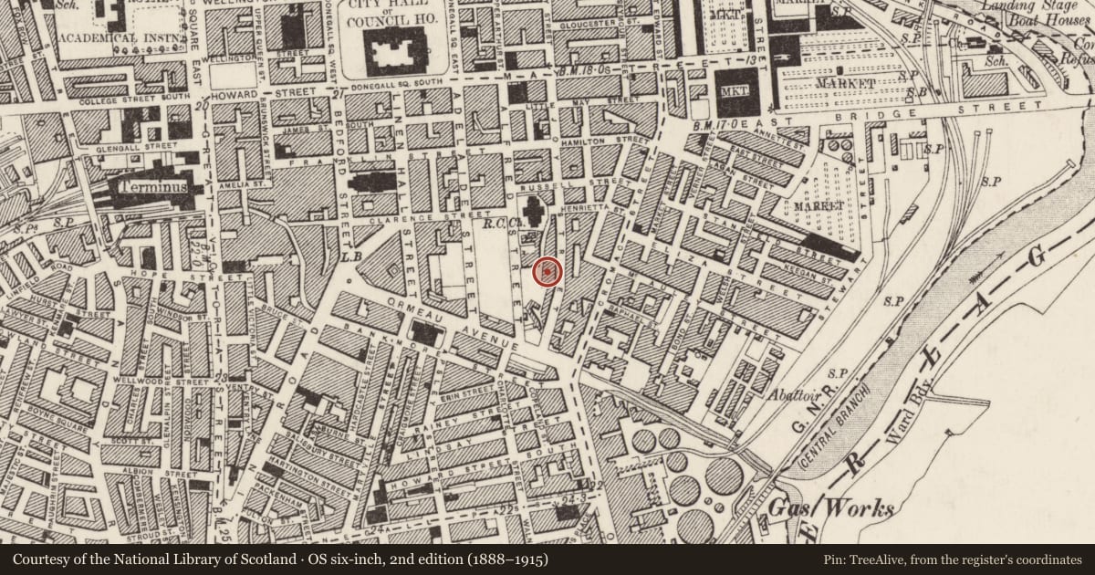 Ordnance Survey six-inch map, 2nd edition (1888–1915) covering the location of 57-117 Joy Street, Belfast, with a pin at the register's coordinates