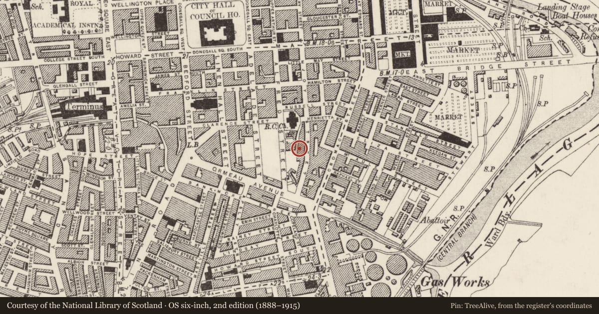 Ordnance Survey six-inch map, 2nd edition (1888–1915) covering the location of 45-55 Joy Street, Belfast, with a pin at the register's coordinates